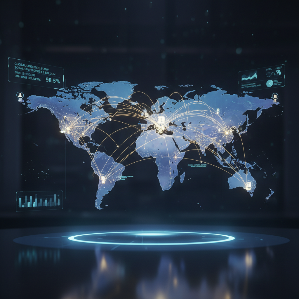 Global logistics network visualization with shipping routes and data flow across multiple continents