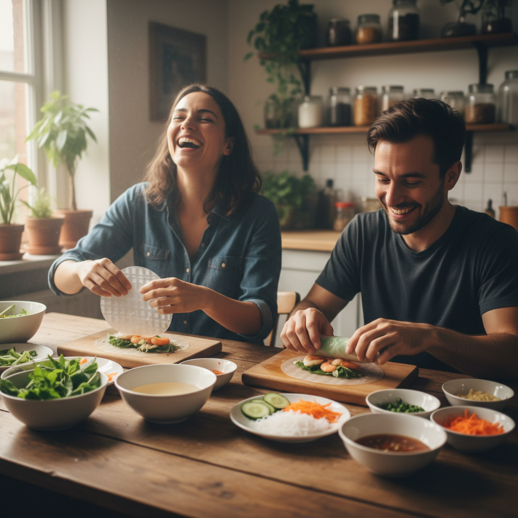 Two people laughing while rolling Vietnamese rice paper spring rolls at a kitchen table