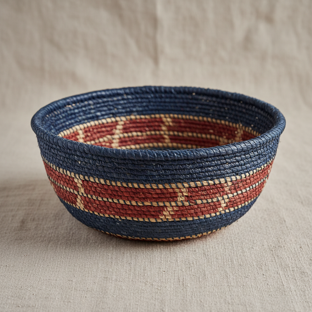 Ruth's raffia storage bowl dyed in indigo and madder showing rich color contrast
