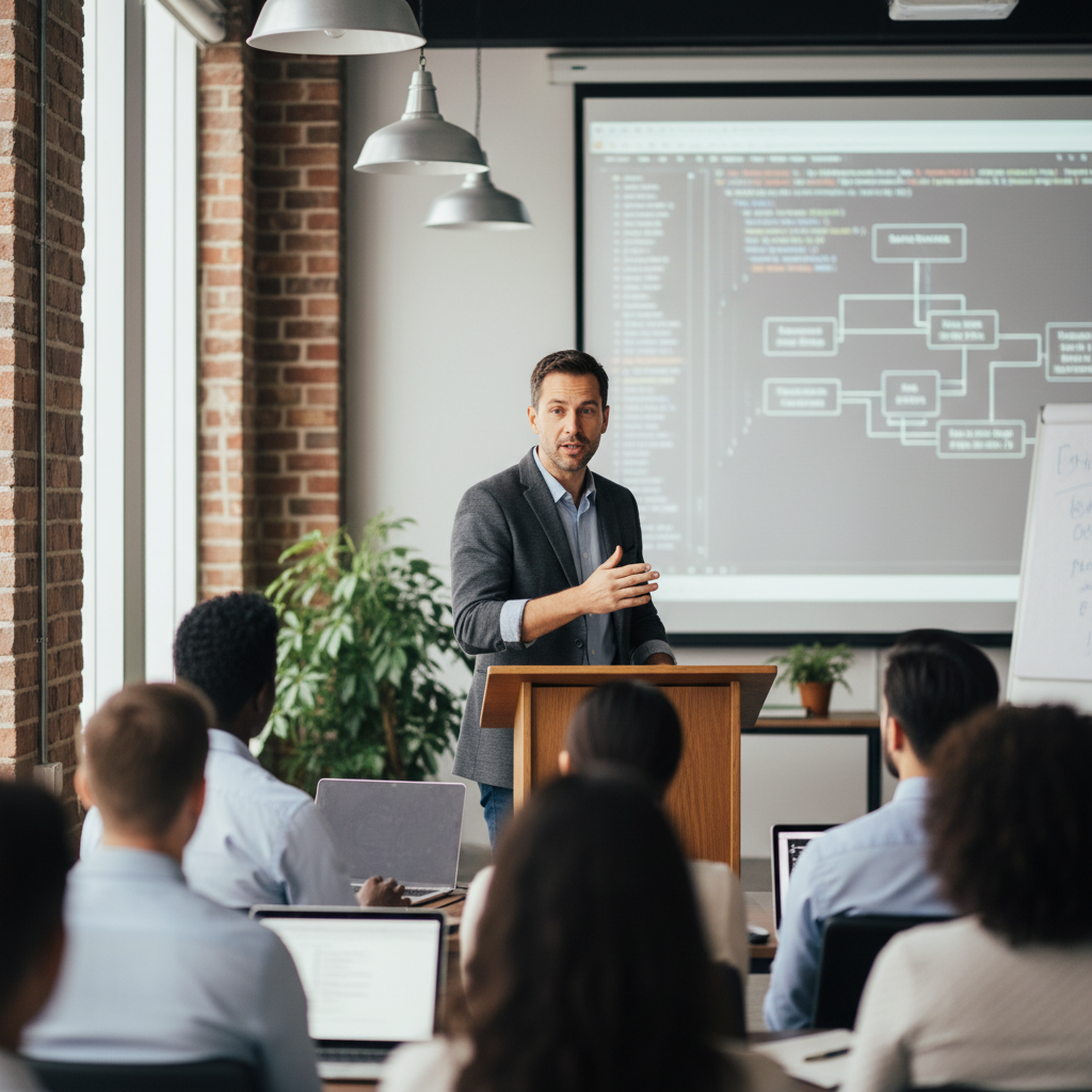 Technical workshop or conference setting showing Isaac's dedication to knowledge sharing