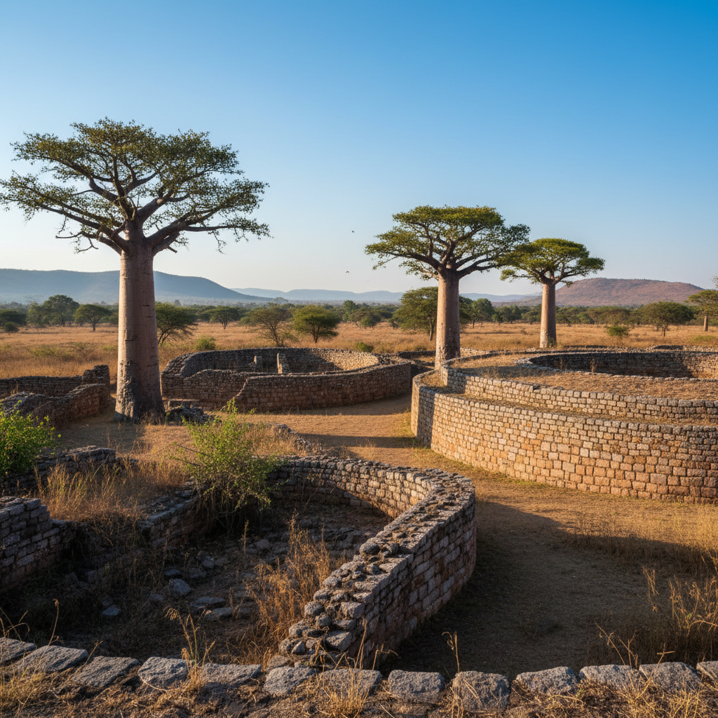 Ancient stone ruins of Great Zimbabwe surrounded by baobab trees and grassland