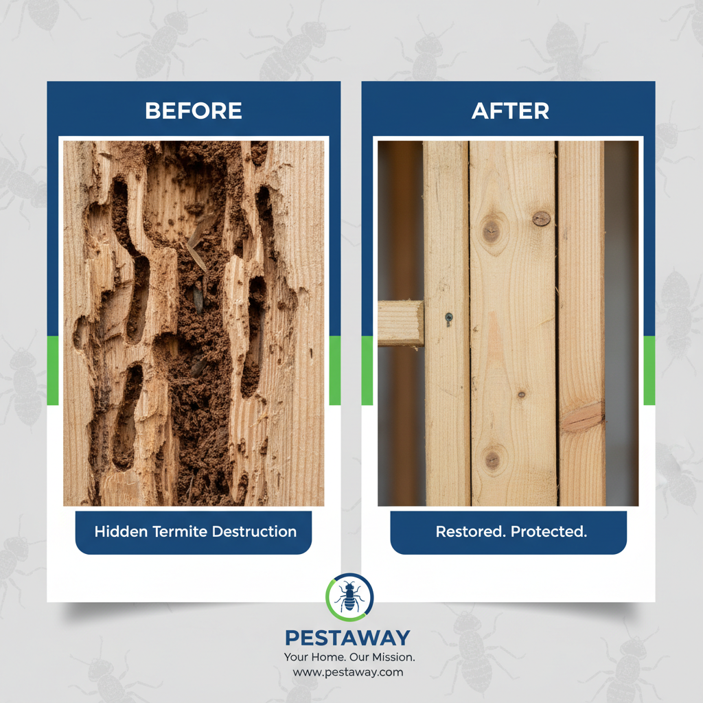 Termite damage reveal before and after social media template for pest control companies