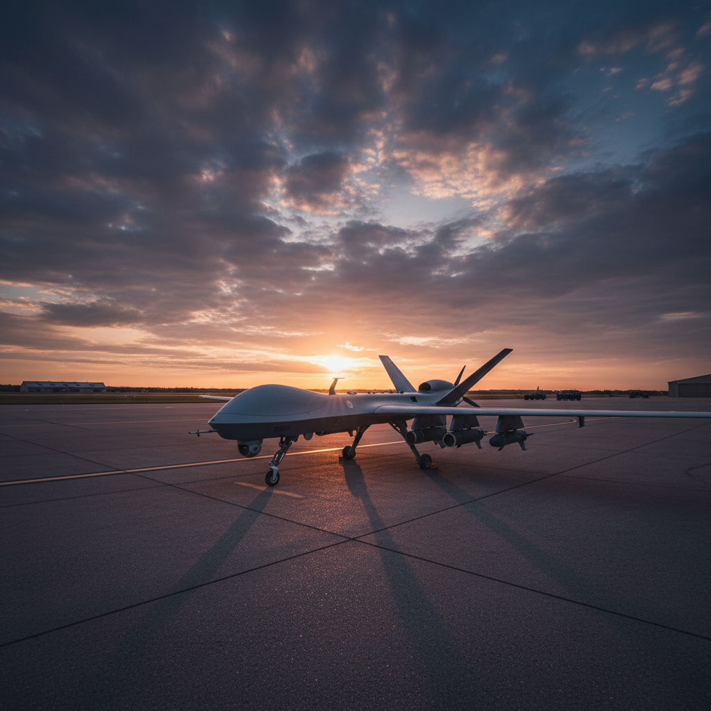 Aerial view of landscape at dusk, dark atmospheric moody sky with deep shadows, low-key emergency response environment