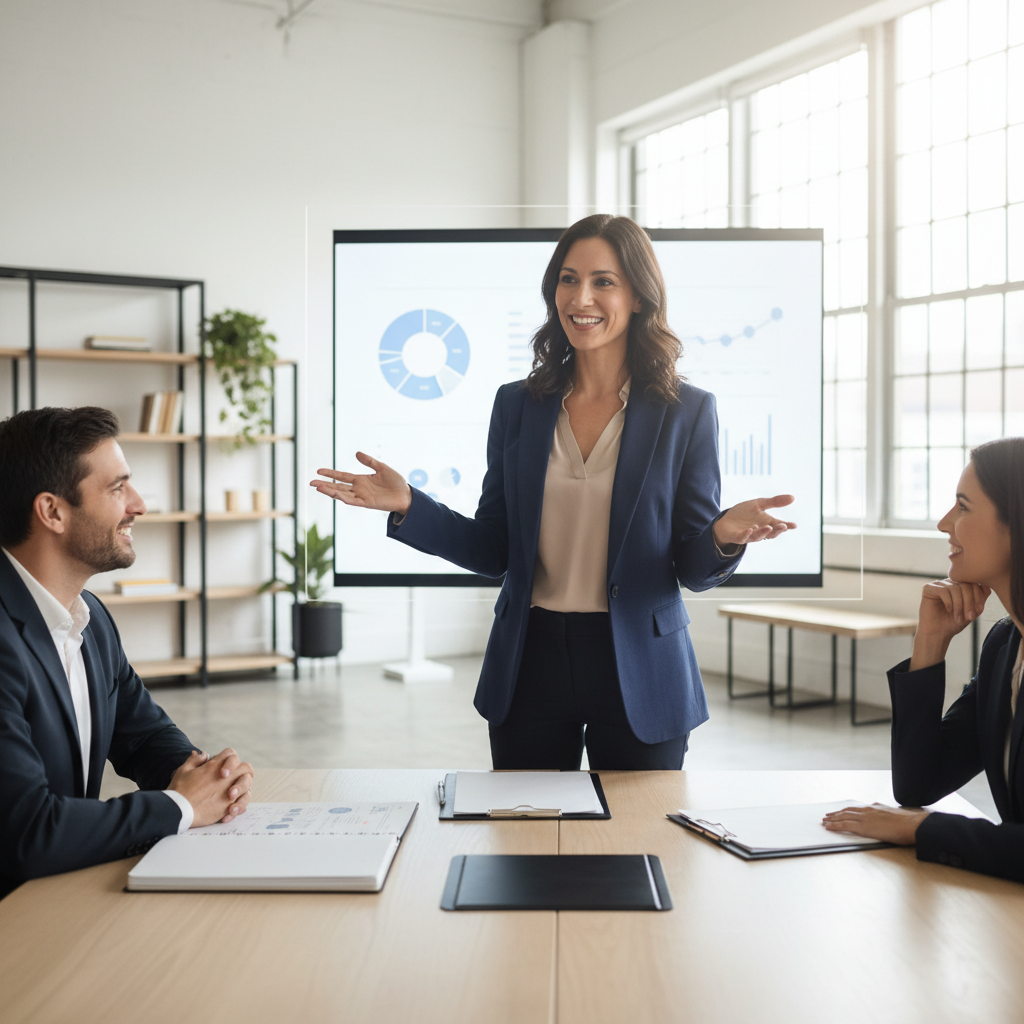 Confident Caribbean entrepreneur woman presenting business ideas in modern co-working space