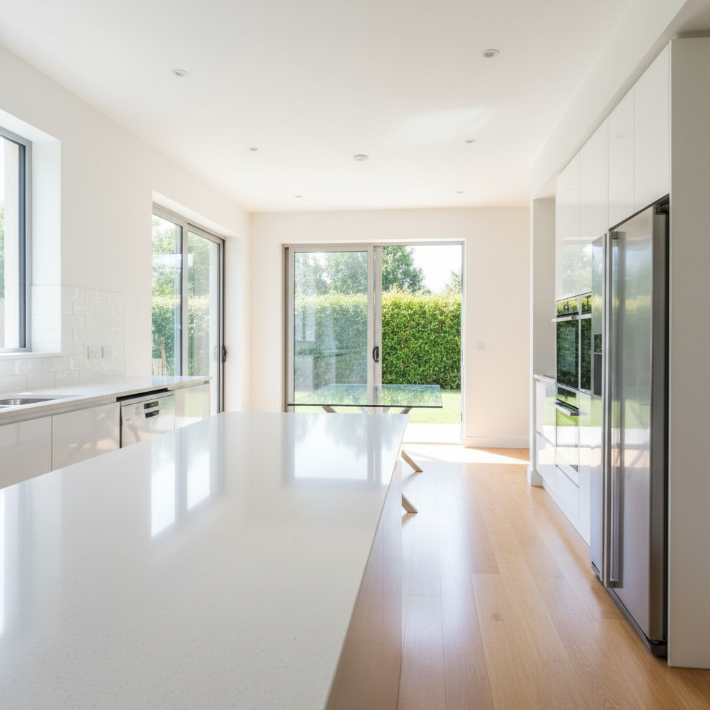 Freshly cleaned commercial space after building work with gleaming surfaces