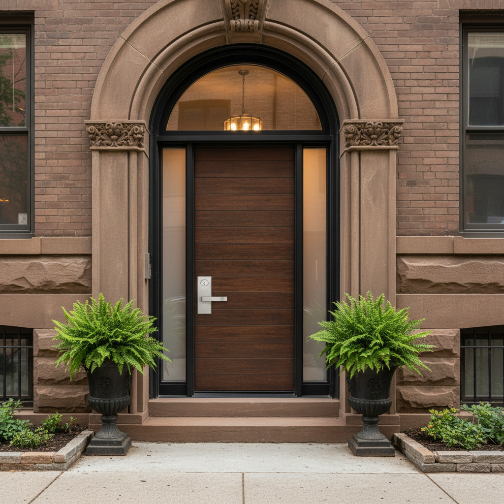 Modern residential front door with deadbolt lock in Chicago brownstone