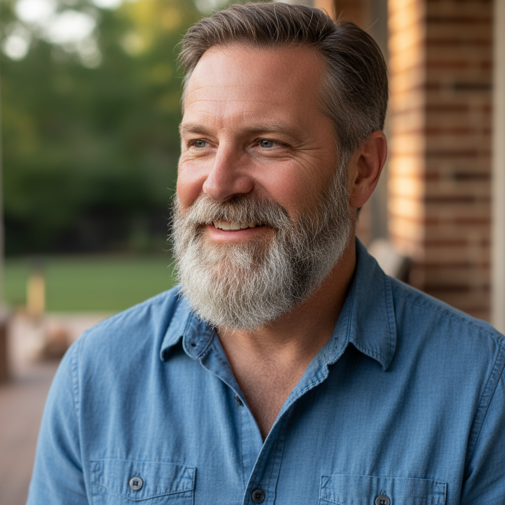 Middle-aged man with friendly expression, outdoor natural light