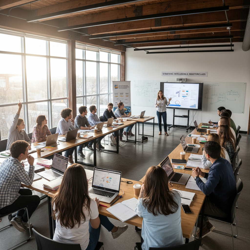Estudiantes participando en clase magistral de inteligencia estratégica en plataforma ESIES