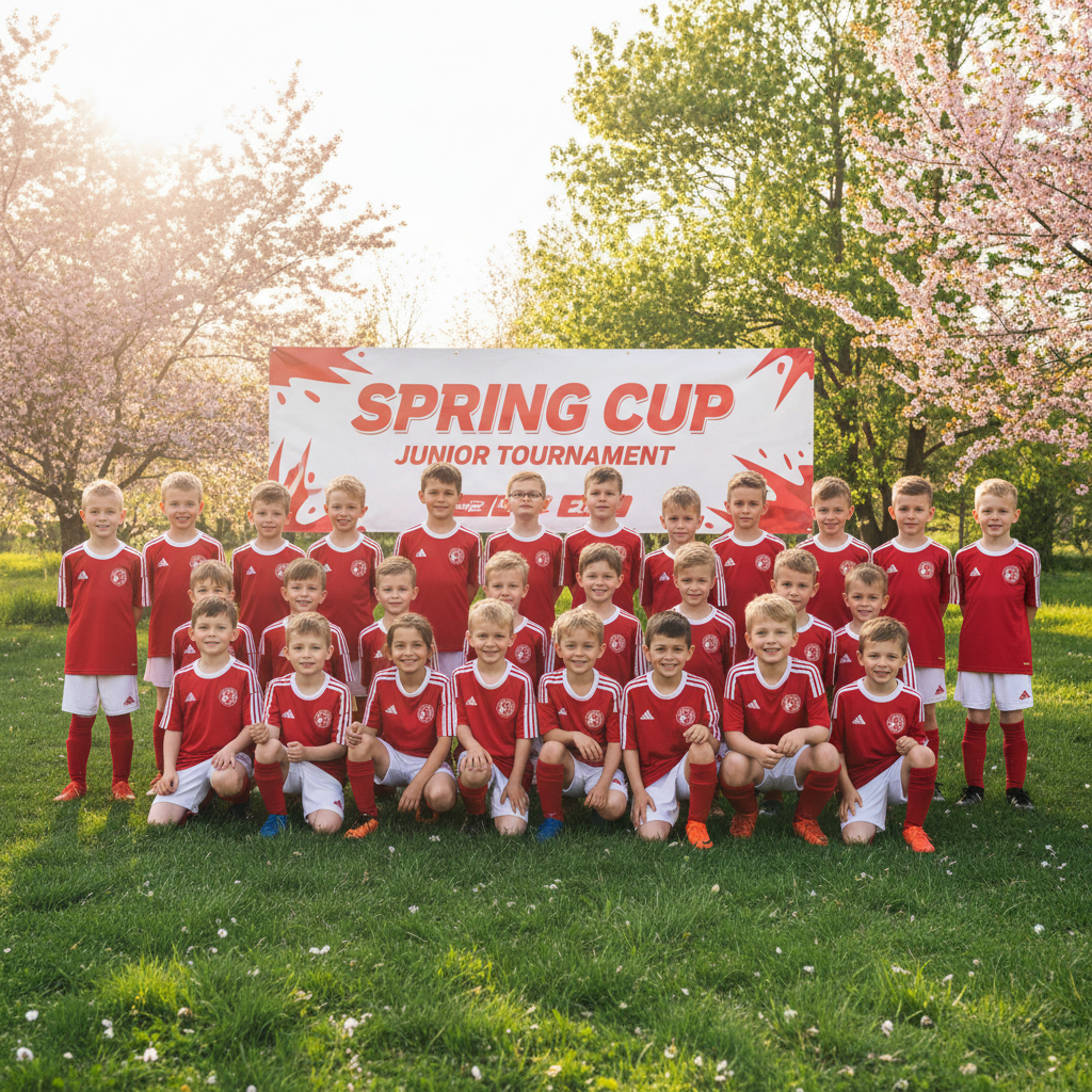 Children in red and white kit lining up for a team photo before a spring tournament
