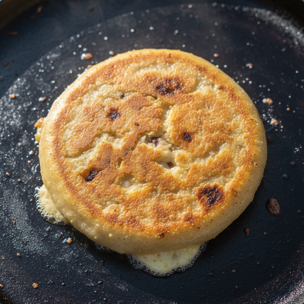 Golden pupusa blistering on a hot black comal, overhead view, shallow depth of field