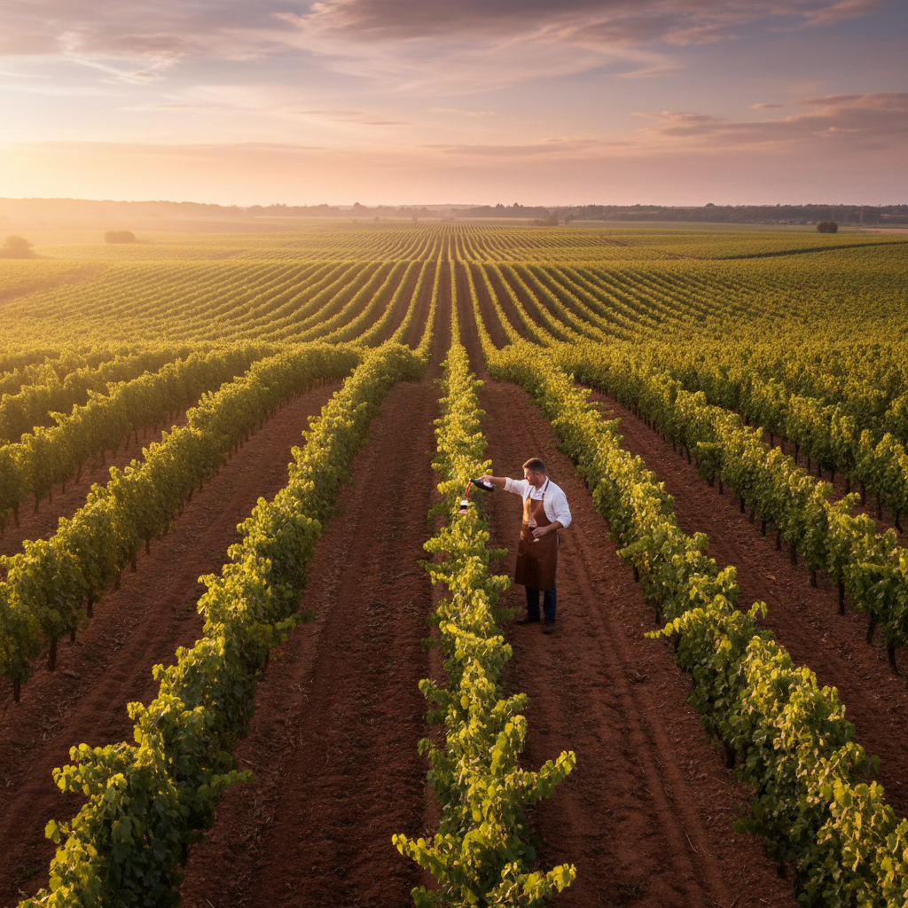 Bordeaux vineyard rows at golden hour, warm amber light across deep green vines and terracotta soil