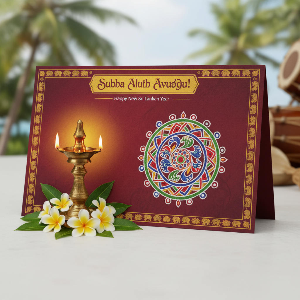 Traditional Sri Lankan New Year celebration with colorful decorations and community gathering