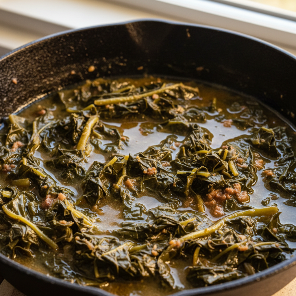 Smoked collard greens in a cast-iron skillet, glistening with pot likker