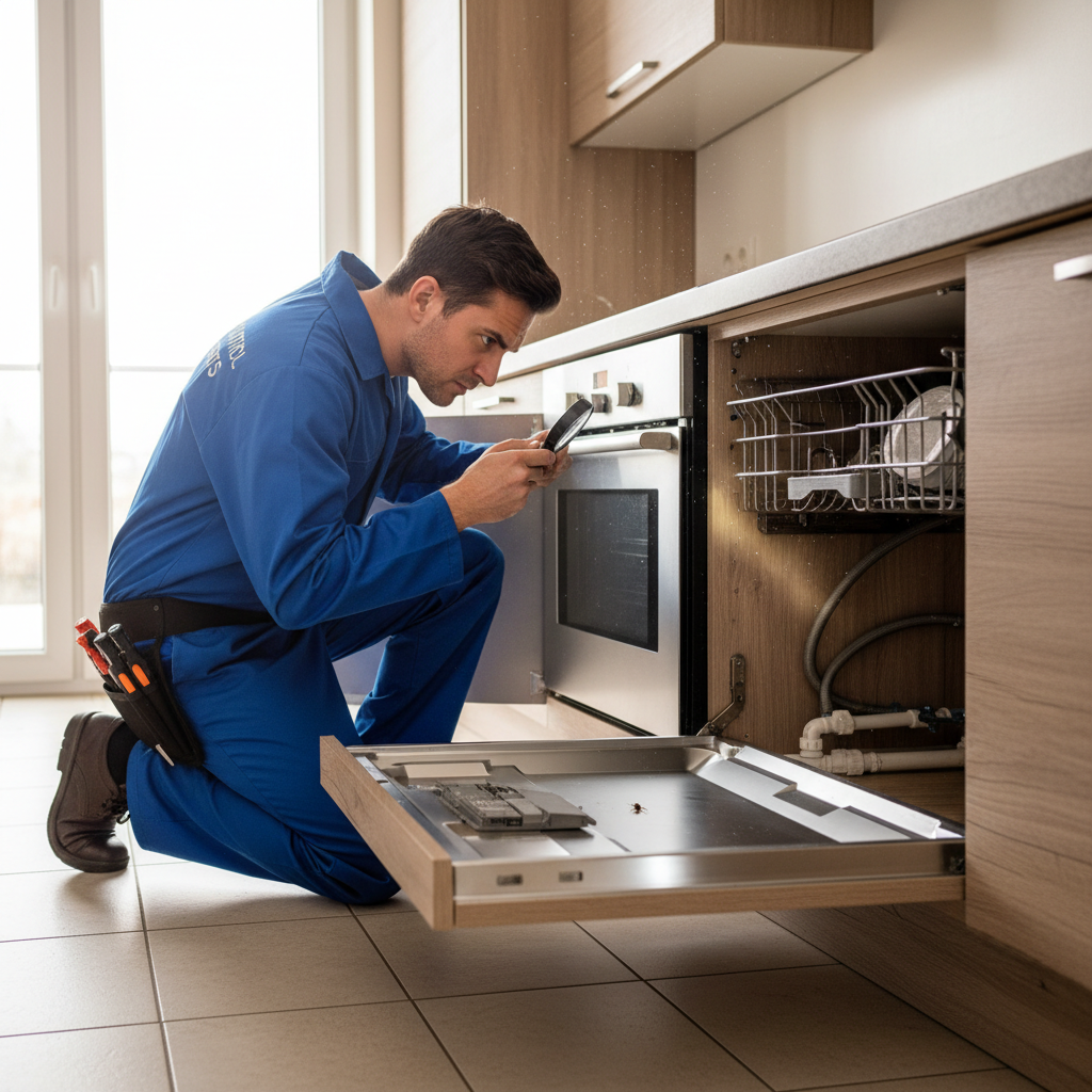Pest control professional inspecting a clean bright kitchen, well-lit interior, homeowner watching inspection, light airy environment