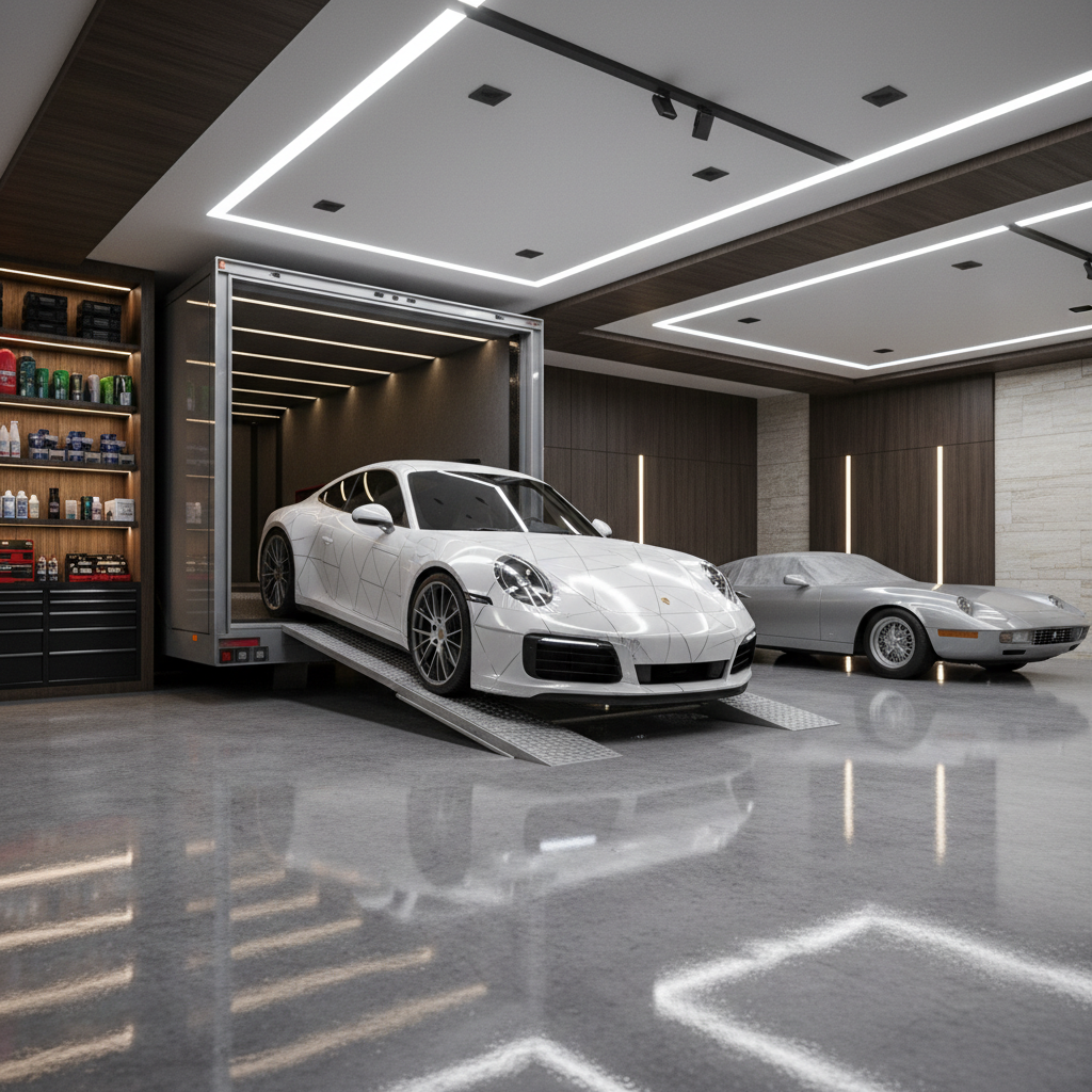 Wrapped Porsche 911 rolling off an enclosed carrier into a private collector garage