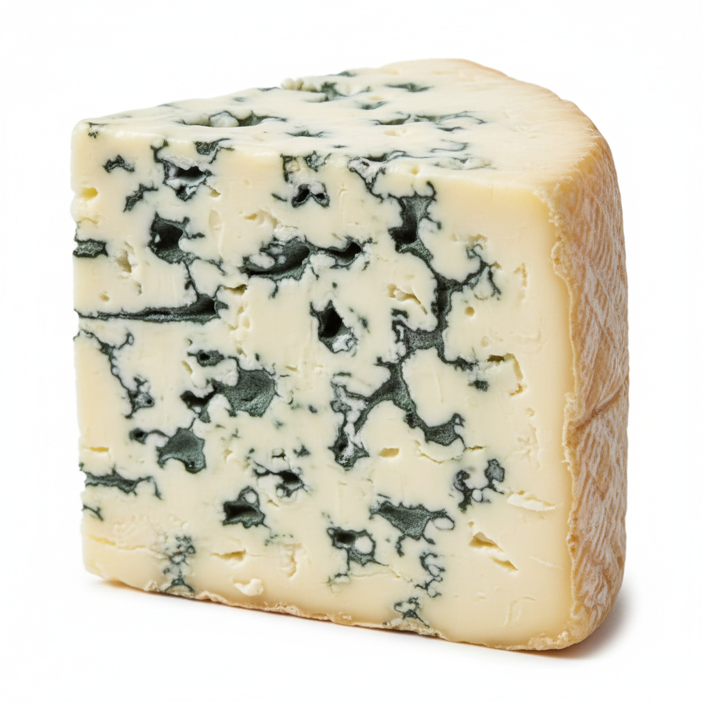 Blue cheese Roquefort wedge on wooden board, bright natural light, rustic setting