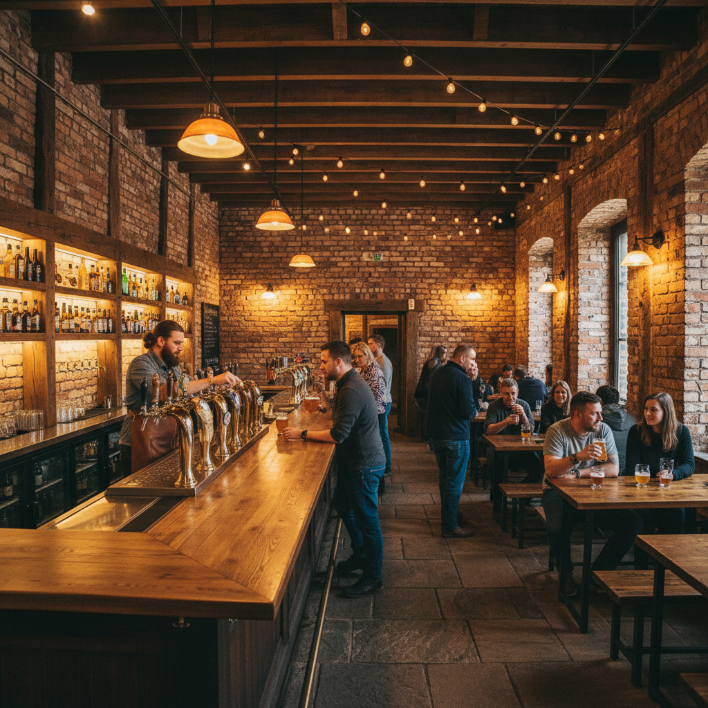 Rustic craft brewery taproom with wooden bar and beer taps
