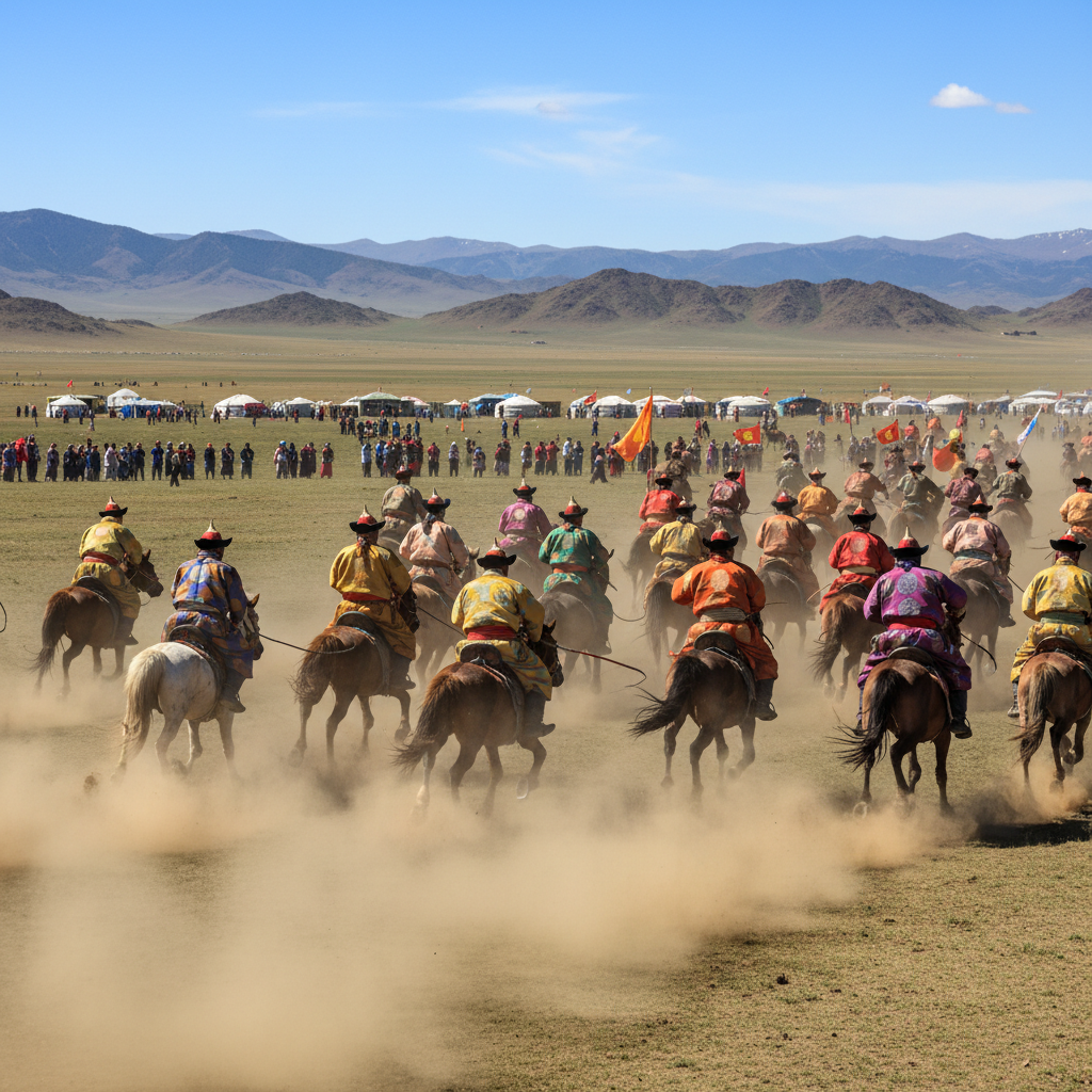 Naadam Festival horse racing on the Mongolian steppe