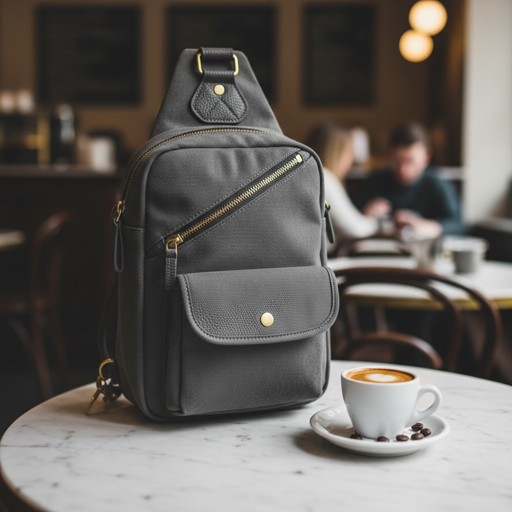 Sling bag resting on a marble café table beside a cortado espresso