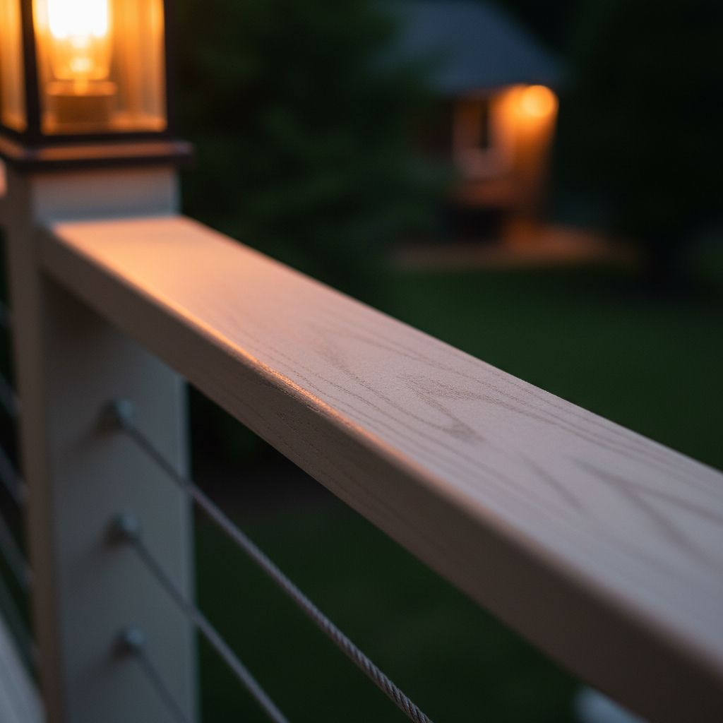Close-up of freshly sanded composite deck railing with stainless steel cable and amber porch light at dusk