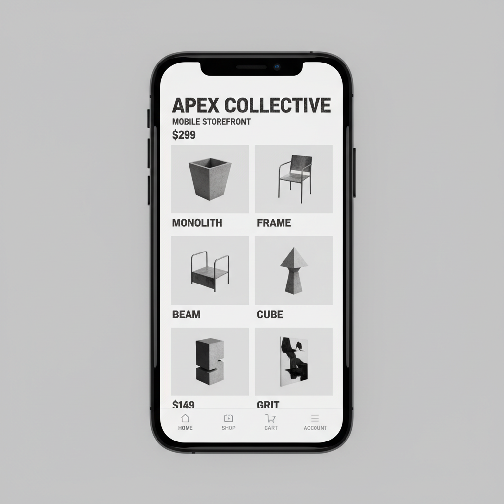 Apex Collective mobile storefront homepage โ product grid with brutalist typography