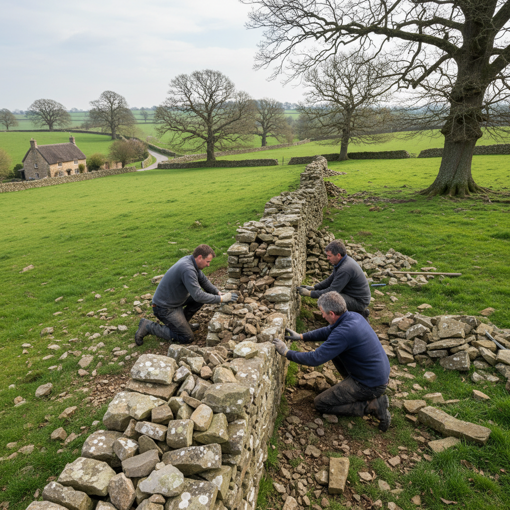 Traditional dry stone boundary wall being repaired in rural English countryside