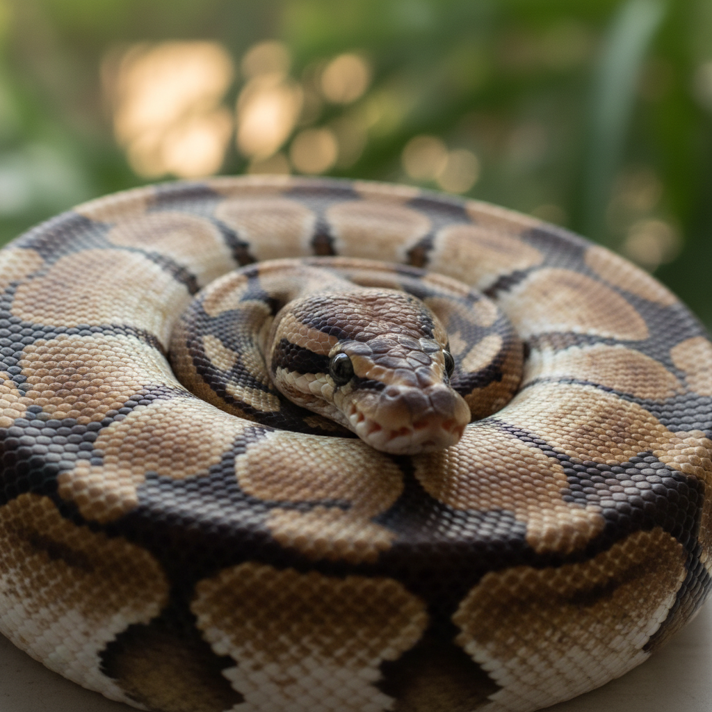 Piebald ball python Derek received, showing white and brown pattern