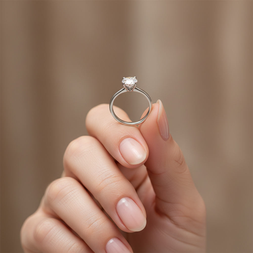 Classic solitaire diamond ring on hand model