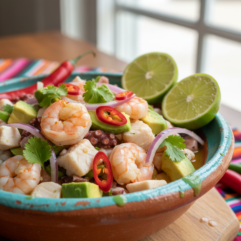 Vibrant Mexican seafood dish with fresh lime and chili in ceramic bowl