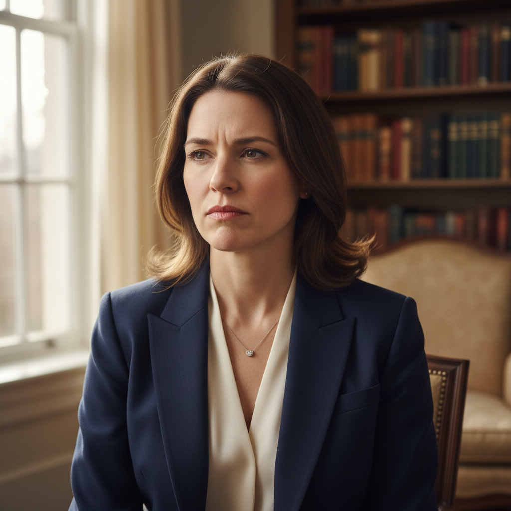 Professional woman looking anxious at a desk, moody blue-tinted office lighting, thoughtful expression