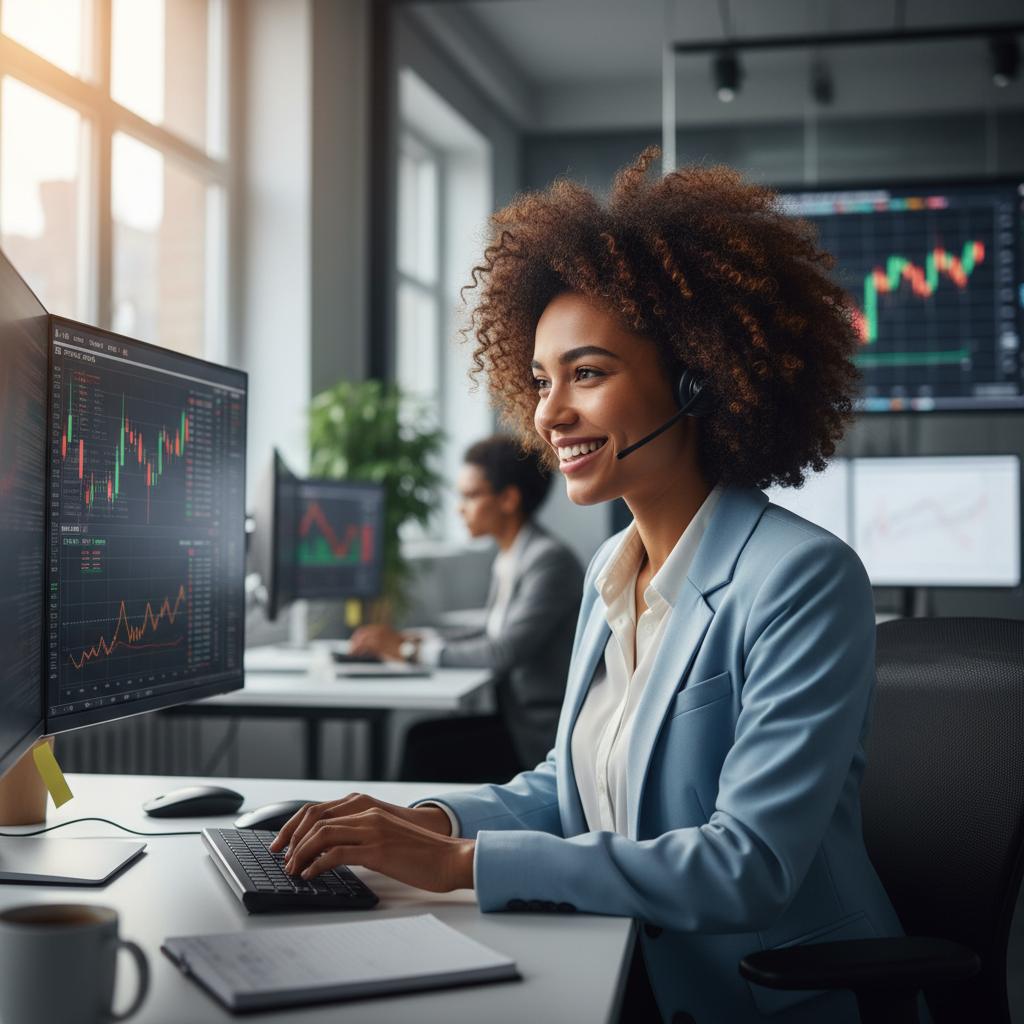 Aisha N., options trader with natural hair and bright smile