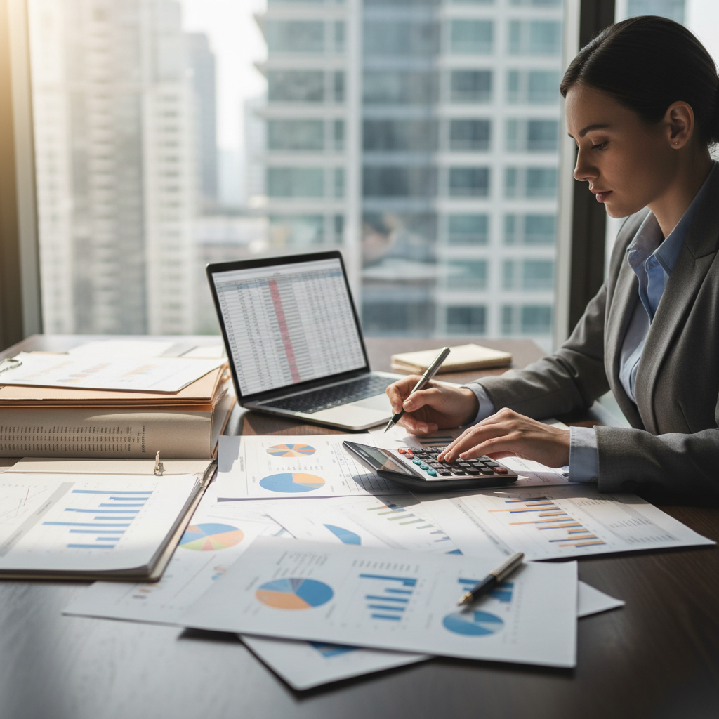 Executive reviewing documents and data at desk — business analysis, financial review, strategic evaluation environment