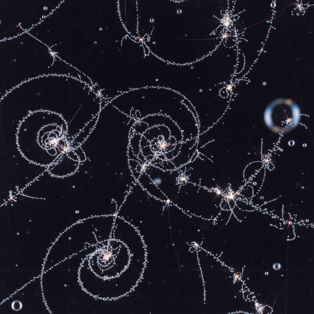 Particle collision tracks in a bubble chamber showing symmetry-breaking patterns