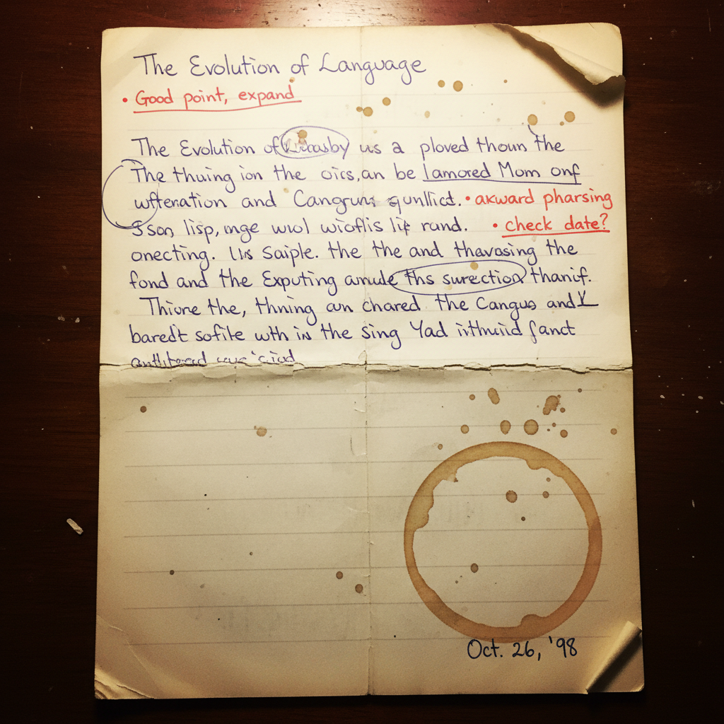 Handwritten essay draft with marginalia and coffee ring stain on worn notebook paper