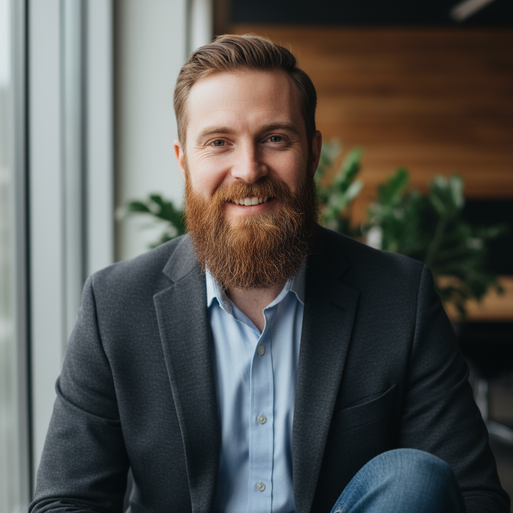 Bearded man in casual attire with warm smile in restaurant setting