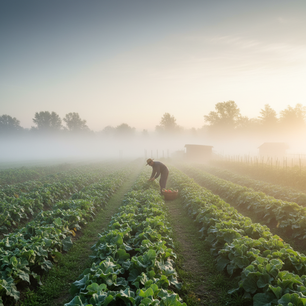 Thumbnail preview of dawn chores episode — figure moving through mist-covered garden rows at first light