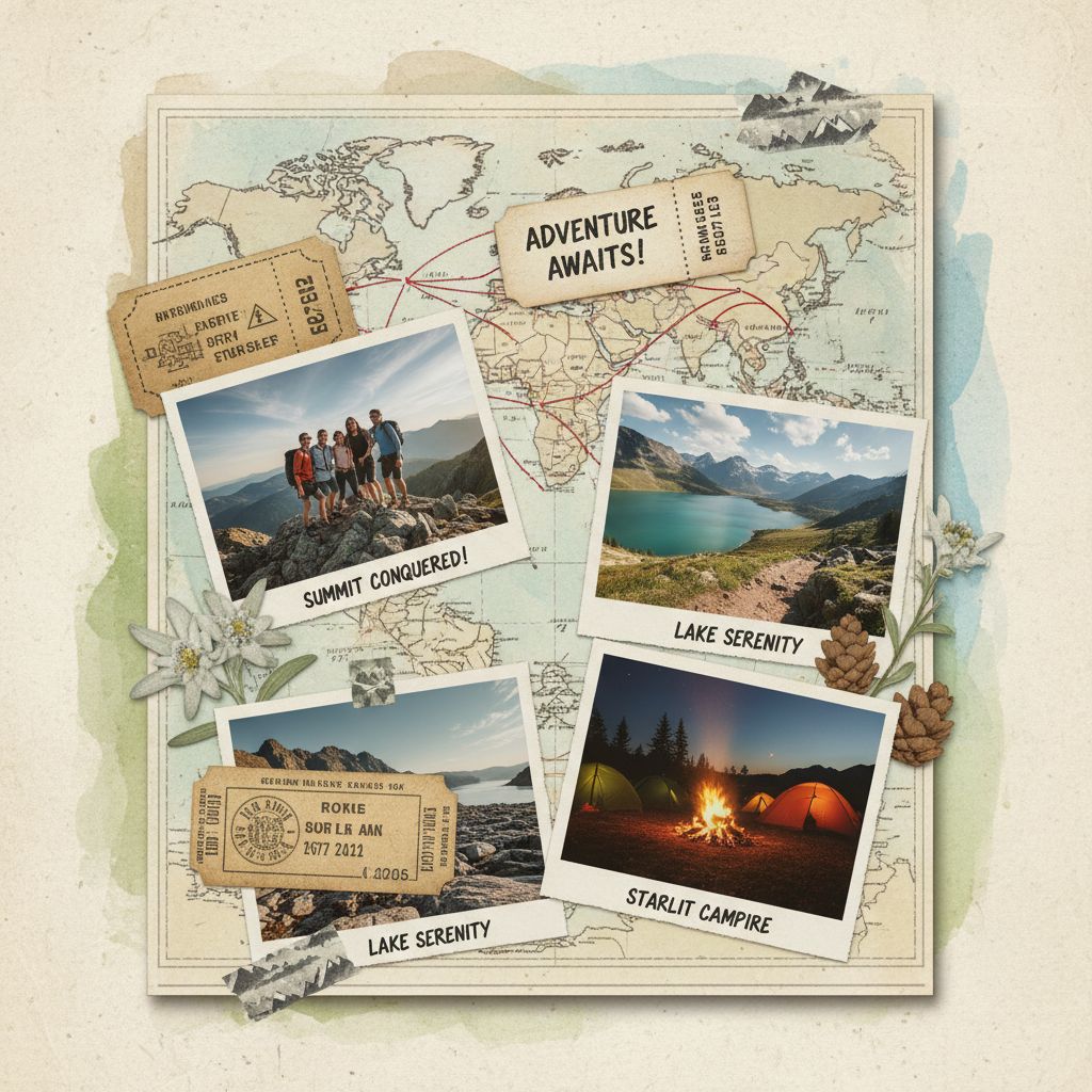Travel scrapbook page with map fragments, ticket stubs, and polaroid-style photos from a mountain hiking trip