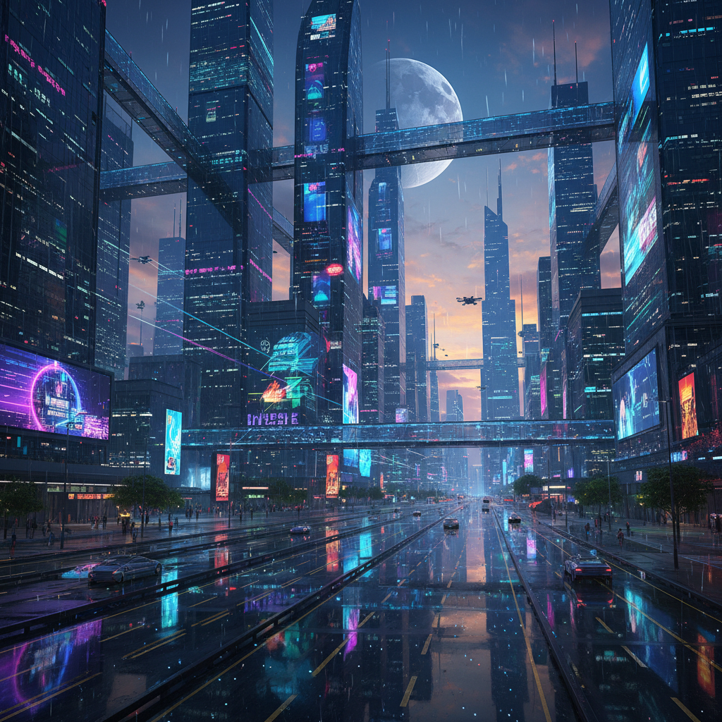 Digital art of futuristic cityscape with neon lights and rain