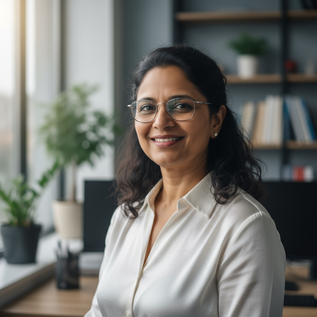 Indian woman in her 30s smiling confidently, office attire, bright background