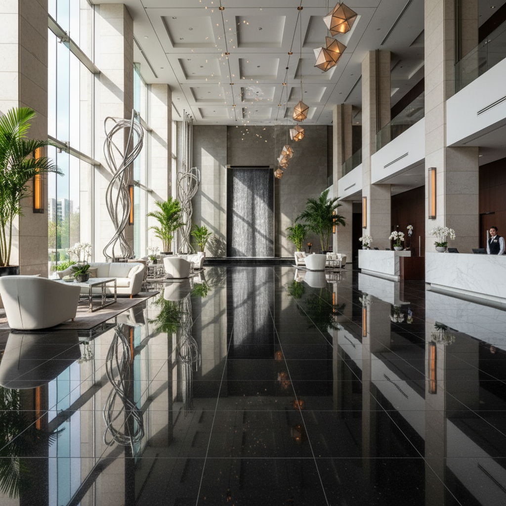 Azulejo efecto granito negro galaxy 600x600mm con destellos plateados, acabado pulido espejo, instalado en lobby de hotel de lujo con iluminación arquitectónica