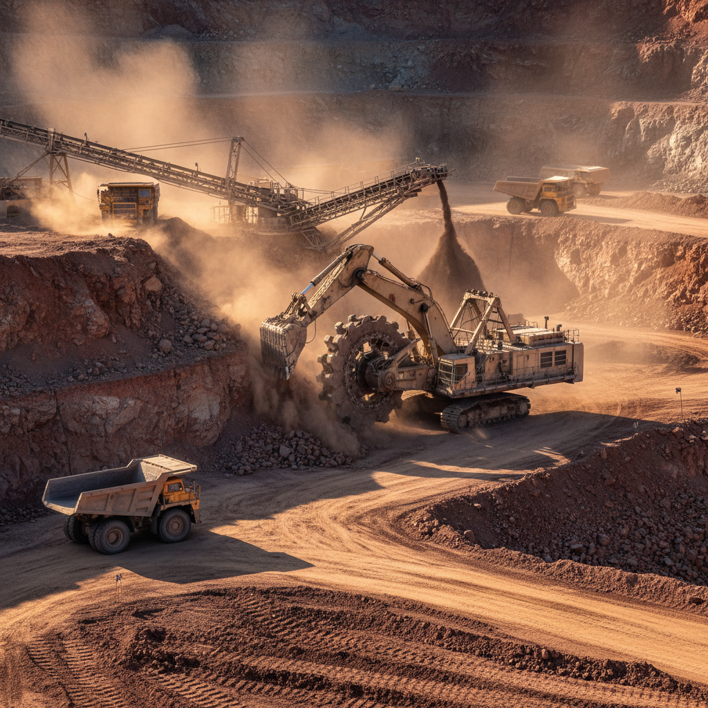 Industrial mining equipment with crushers and conveyor systems in open pit mining environment
