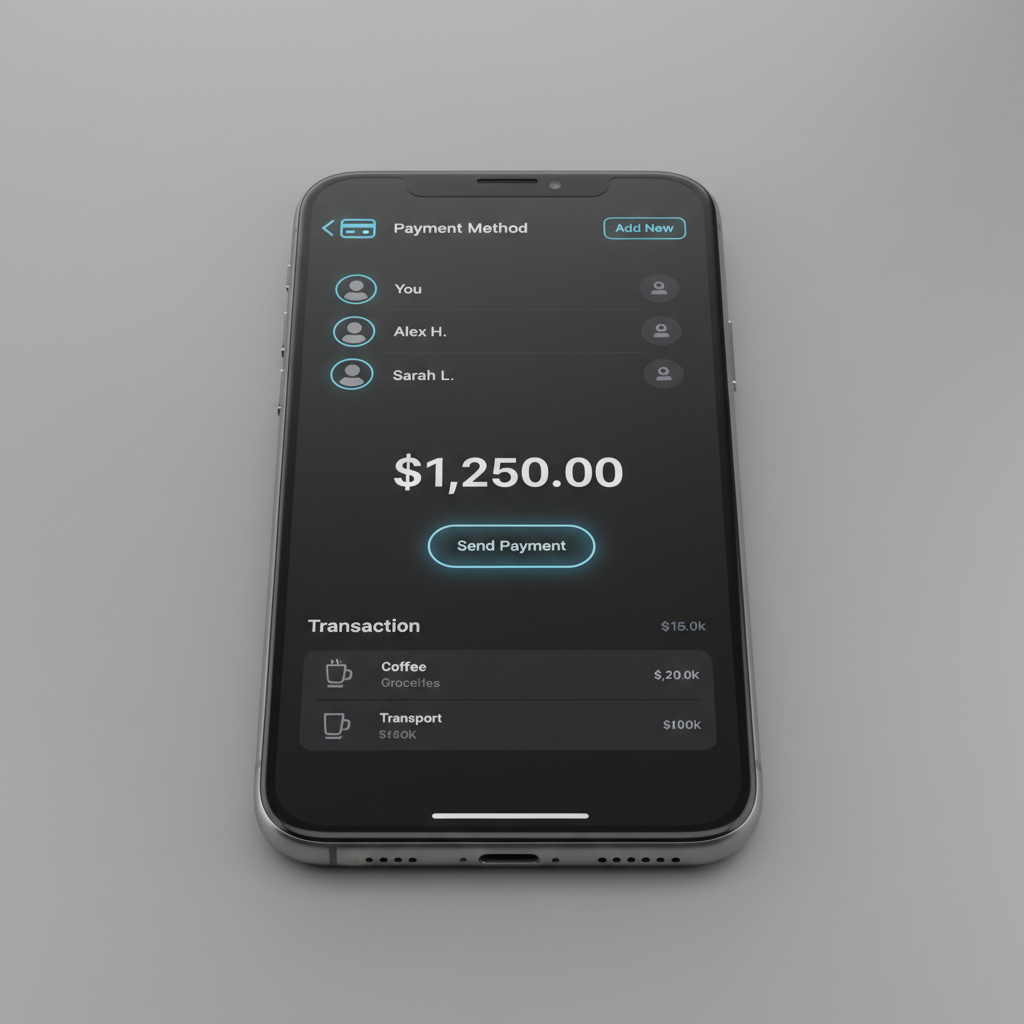 Écran de smartphone avec interface d'application de paiement moderne, fond sombre tech
