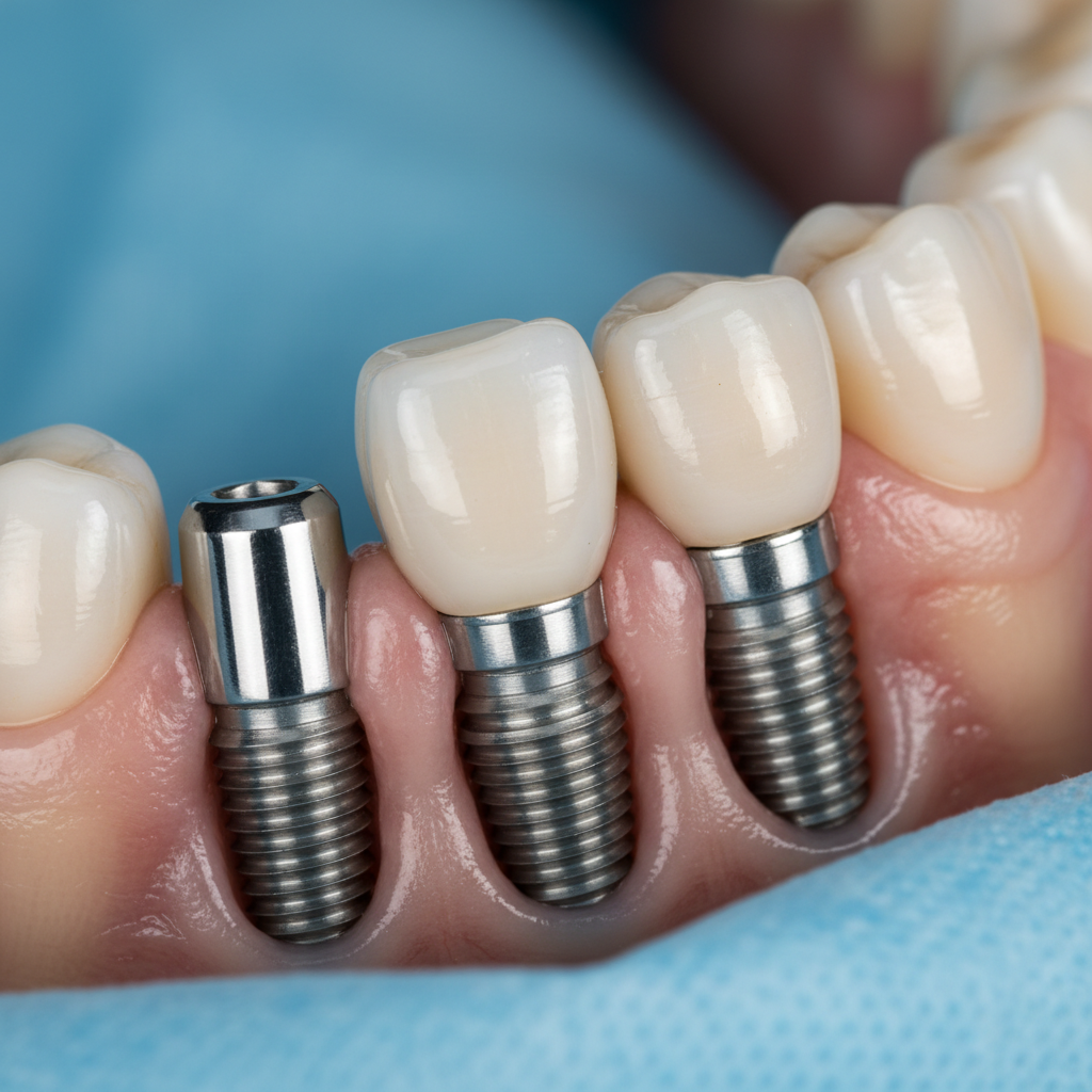 Finished dental crown being placed on implant abutment