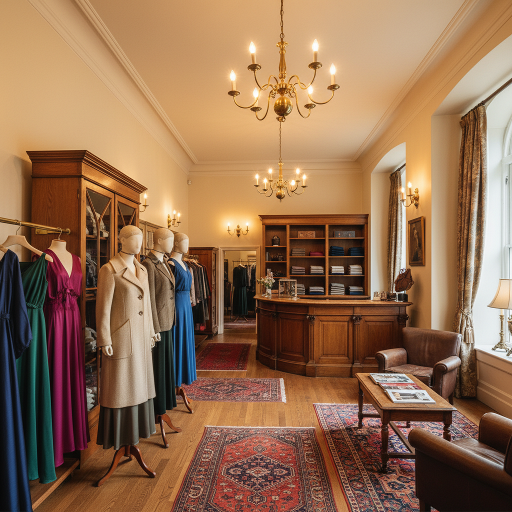 Heritage fashion boutique with warm lighting and brass fixtures