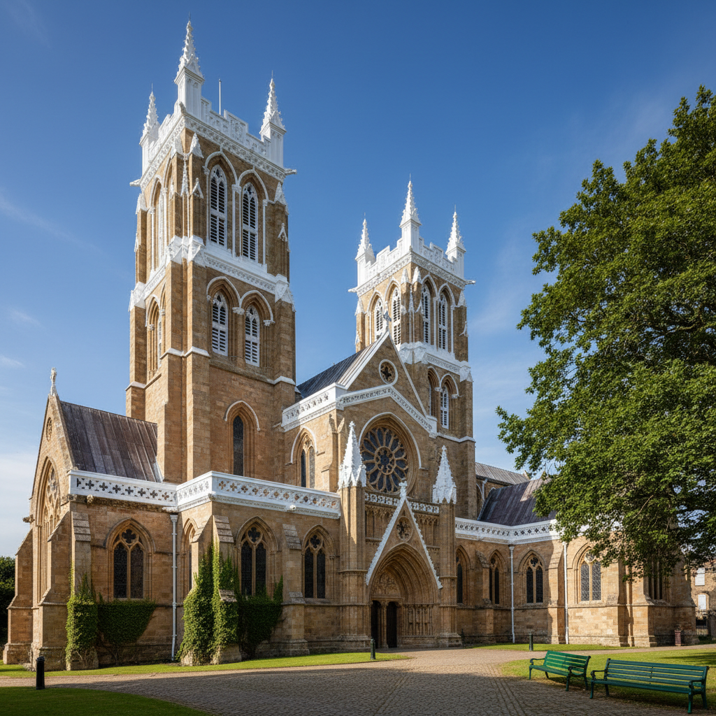 Gothic stone church exterior with freshly painted white trim and restored stonework in Philadelphia