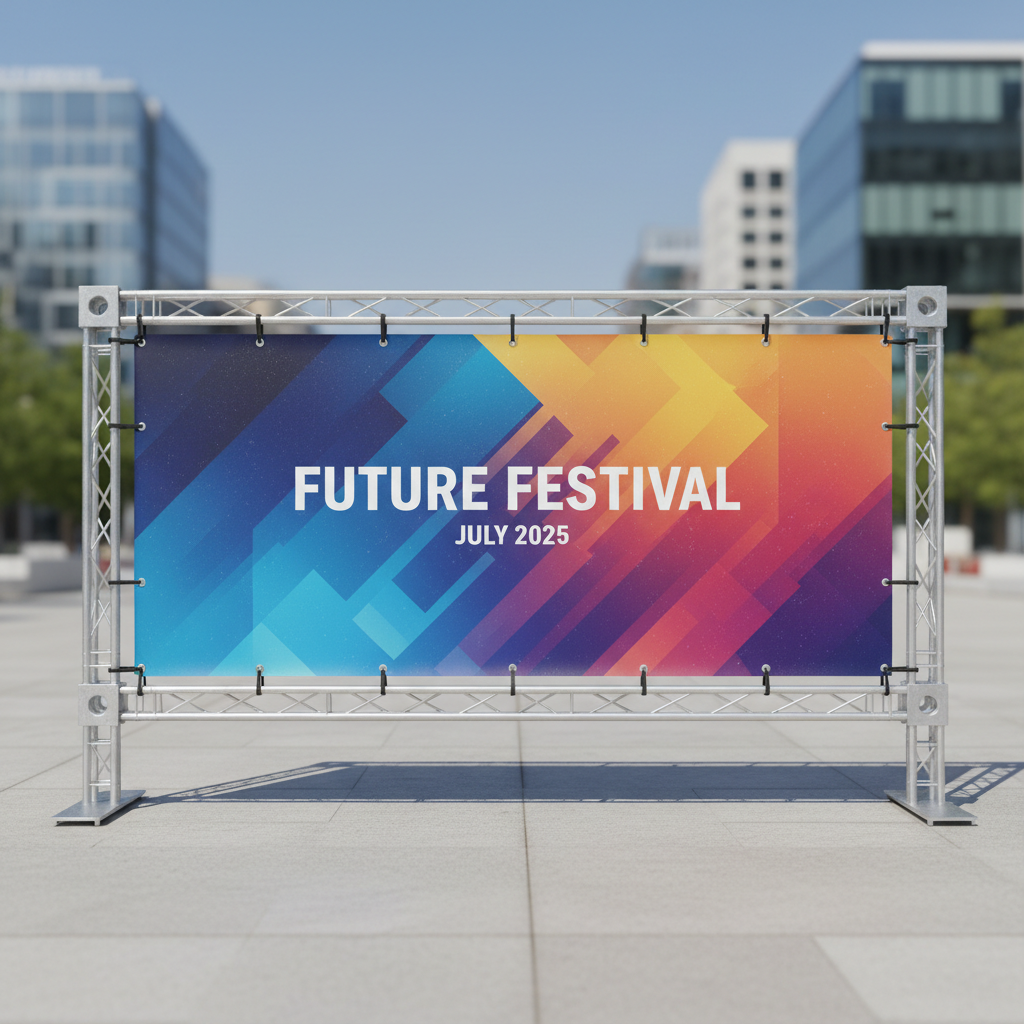Large format printed banner installation in bright open event space, vibrant wide-format print on display