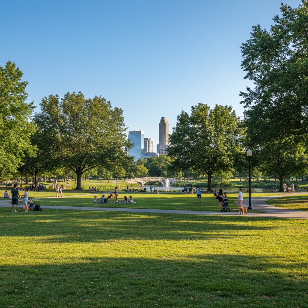Beautiful public park with vibrant green turf, mature shade trees, and visitors enjoying the well-maintained grounds on a clear day