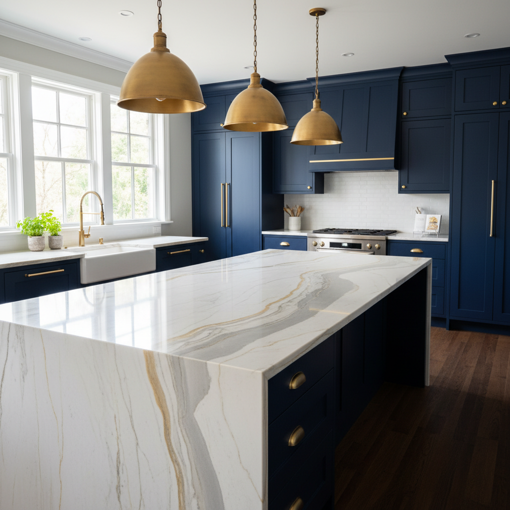 Renovated kitchen with quartzite island, brass fixtures, and custom navy cabinetry