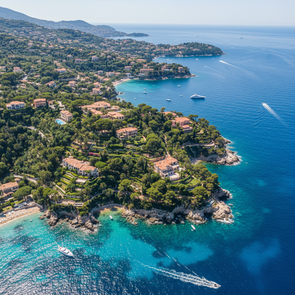 Aerial view of Cap Ferrat peninsula with turquoise Mediterranean waters and terracotta rooftops