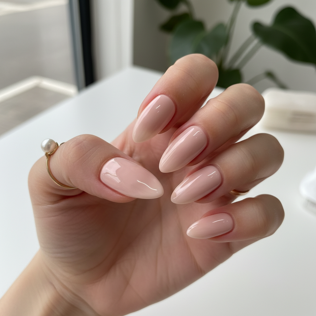 Long gel nail extensions with glossy pink finish and subtle shimmer, cream background